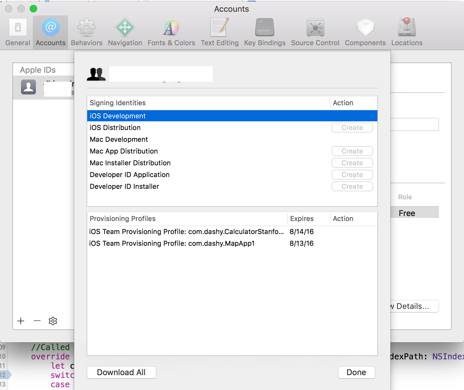 'Create provisioning profile' button next to 'iOS development' on XCode