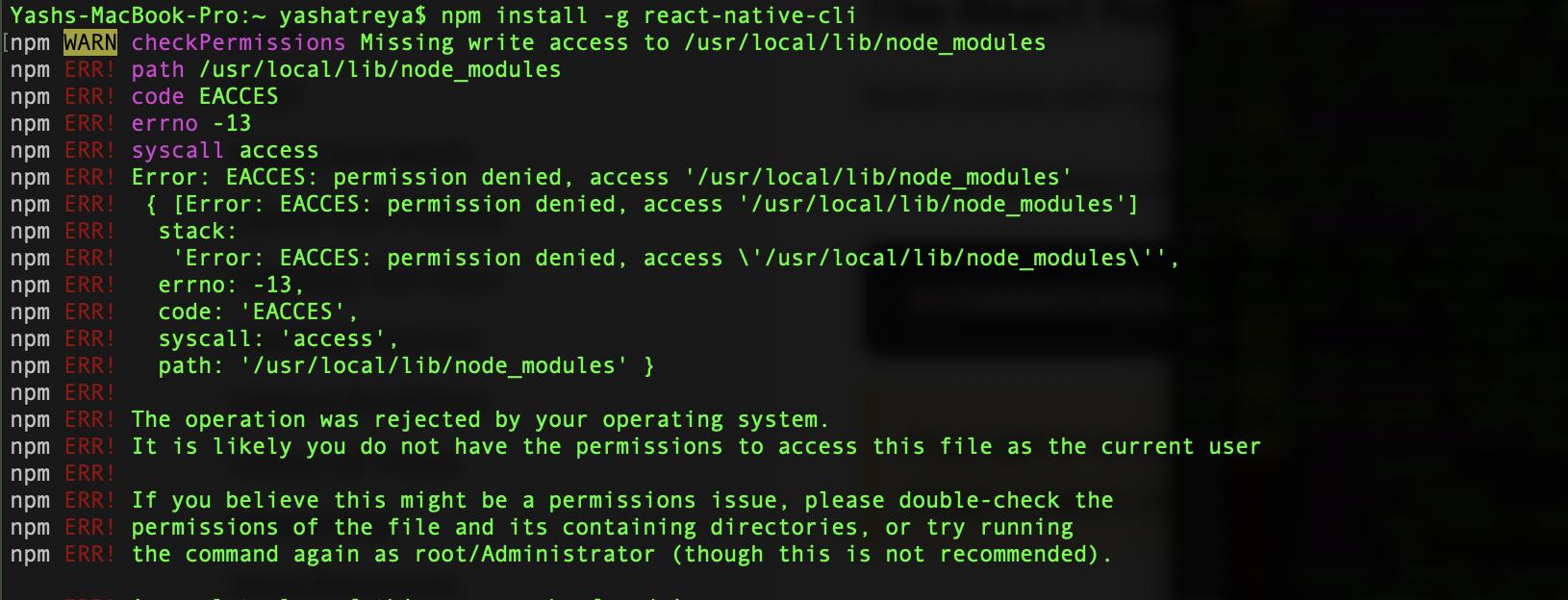 macos Unable to install React Native cli on Mac using