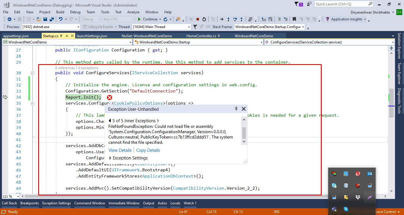 core mvc Getting eror " The type initializer for 'java.util
