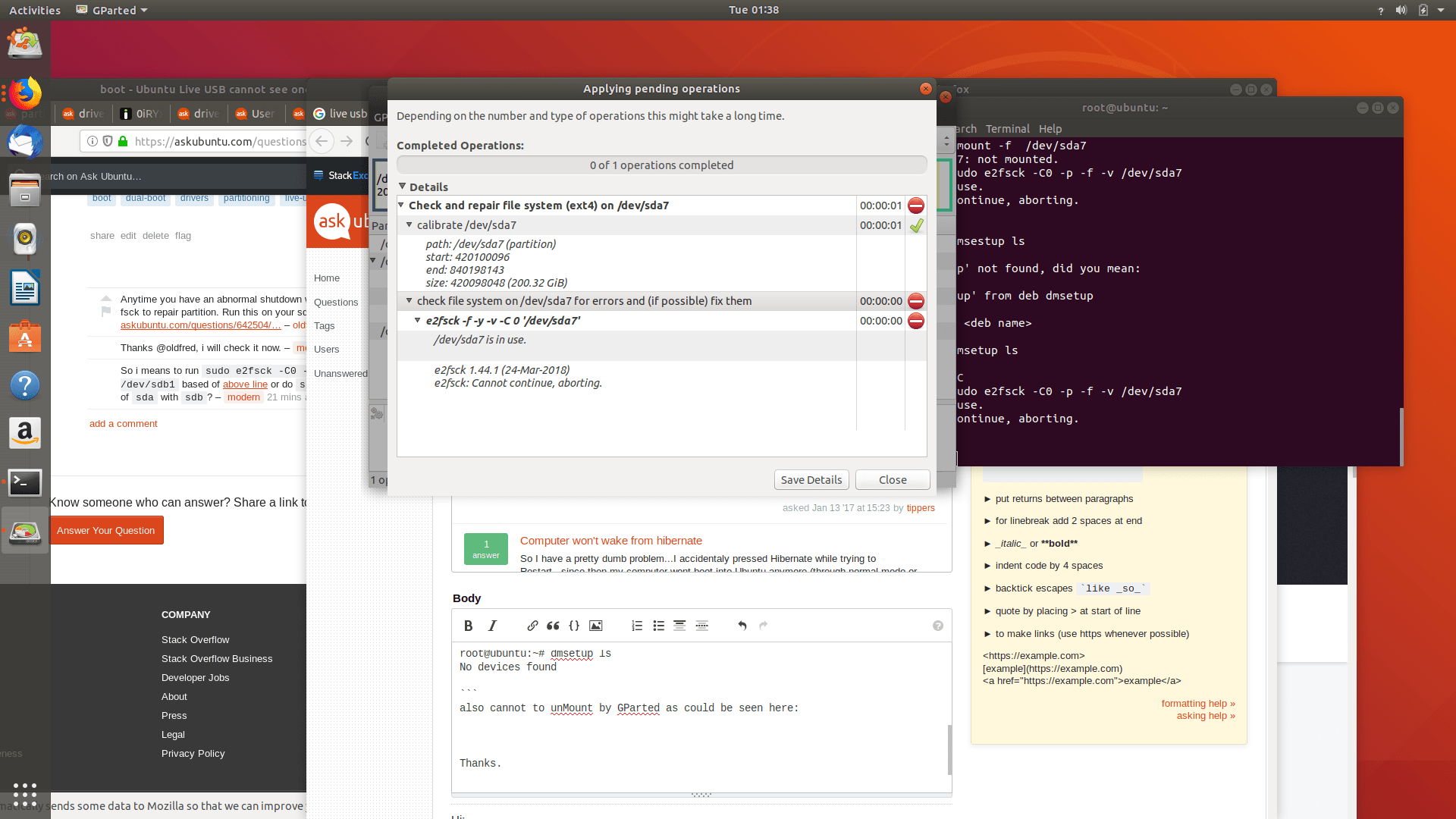 dual boot umount f works but target is busy (Also