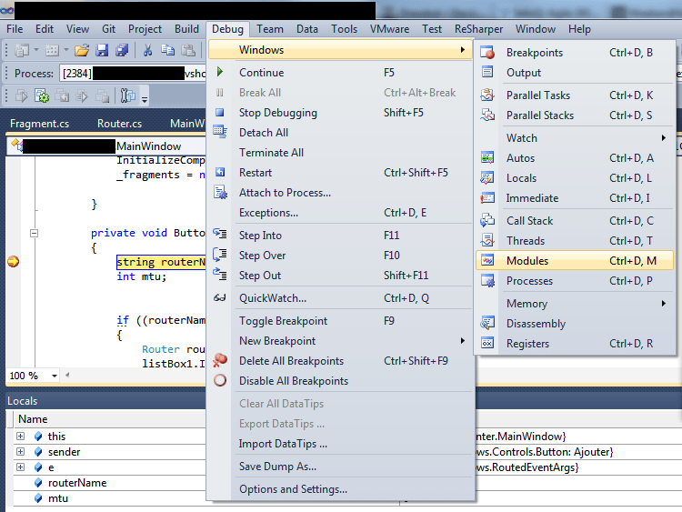 Visual Studio 2010 Professional How to access Modules window? Stack