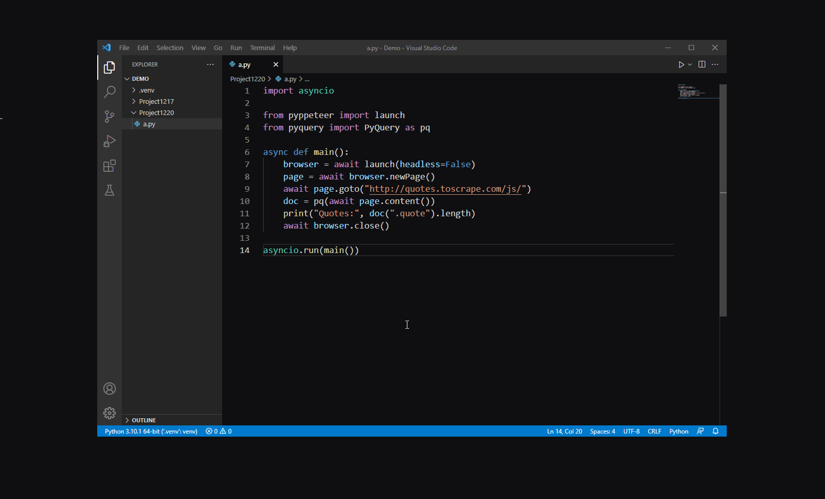 python Visual Studio Code doesn´t move to next line usign asyncio and