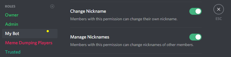 javascript Missing Permissions error when changing nicknames in