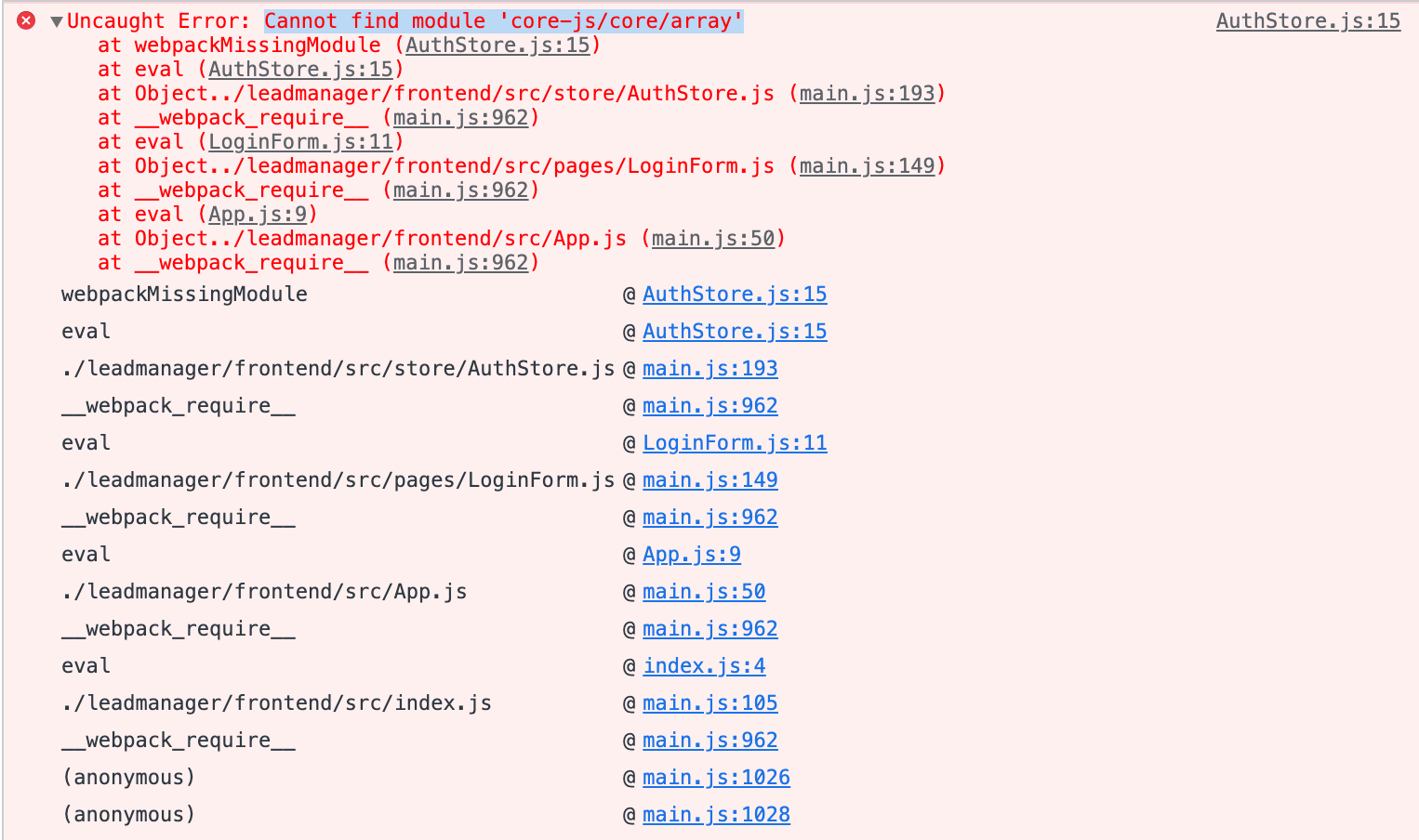 reactjs Cannot find module 'corejs/core/array' Stack Overflow