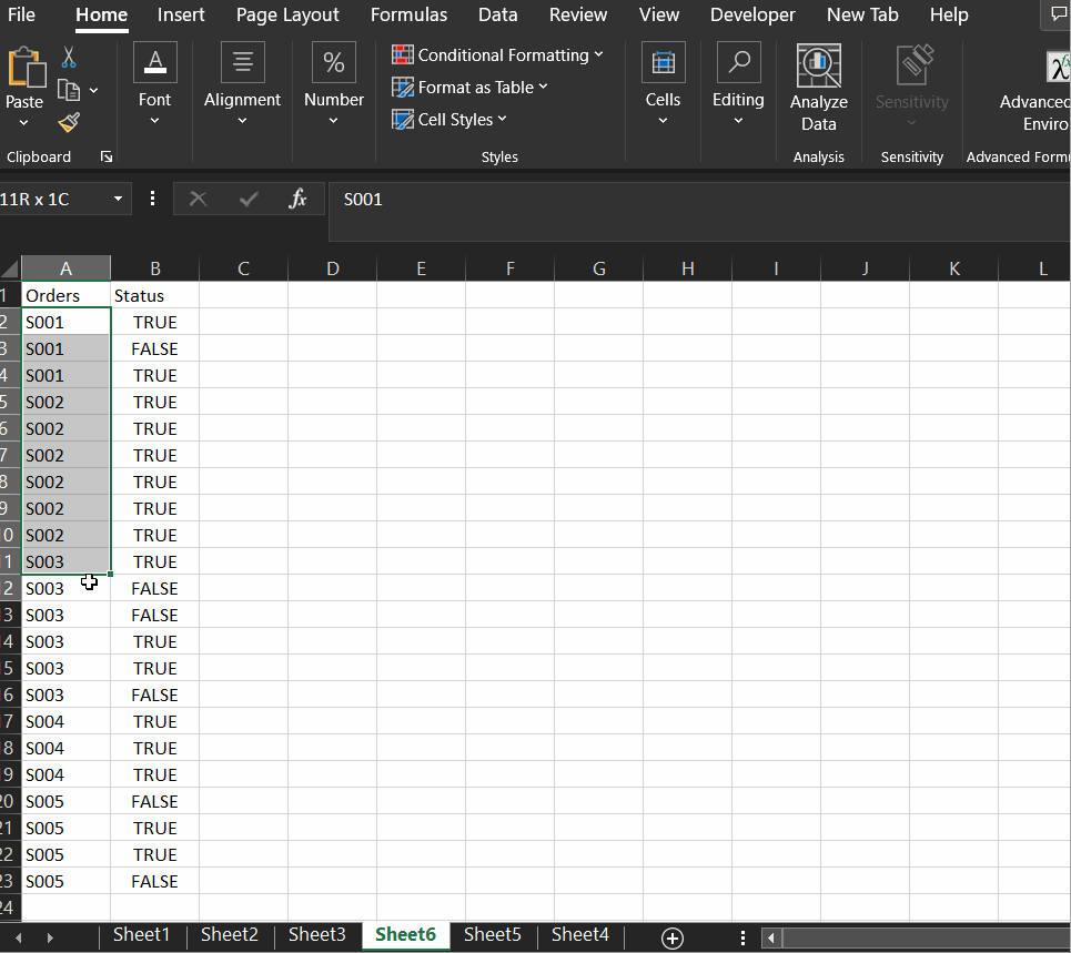 microsoft excel Highlight rows when all values are for Order Number