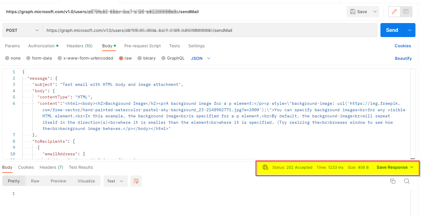 Background image does not work when sending email with Microsoft Graph