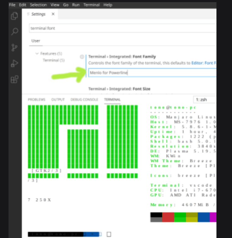 bash Cannot install font on vscode so that zsh displays