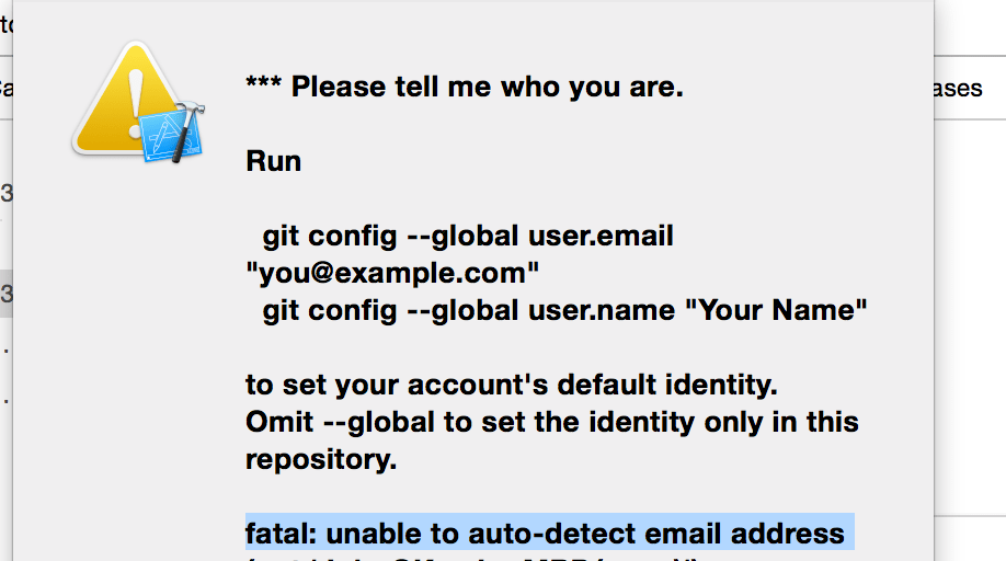 ios Xcode 7 Git Setup Fail unable to autodetect email address