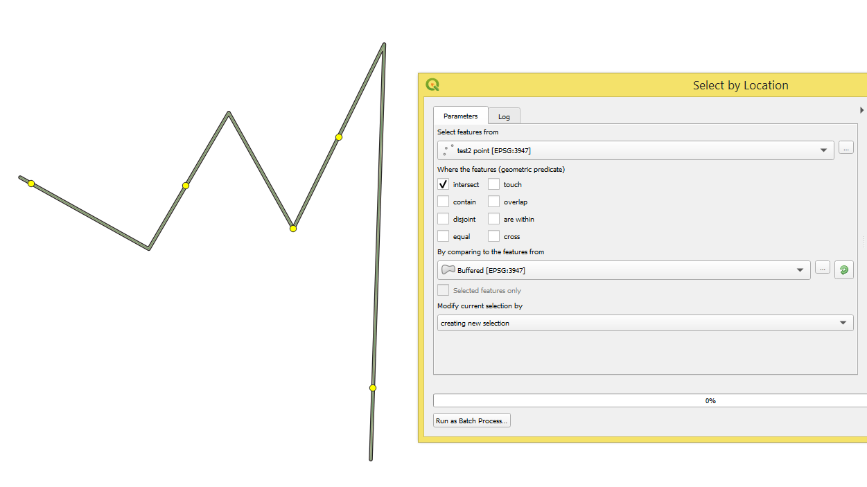 qgis 3 "Select by location" fails for points touching/intersecting on lines Geographic