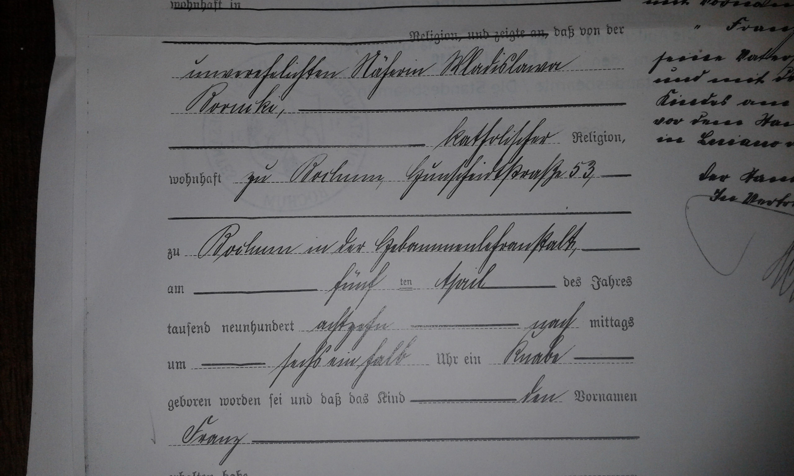 handwriting I need to know information from an old German birth