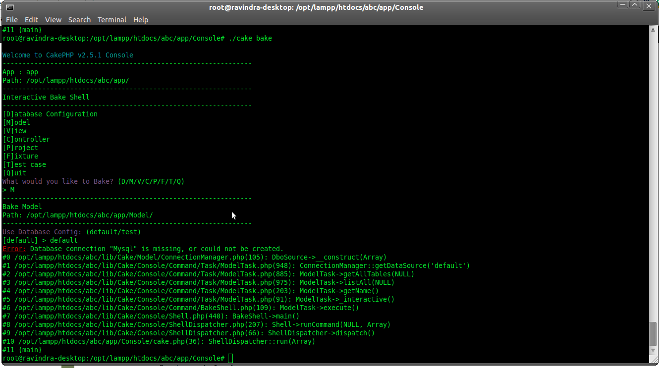 linux CakePHP Bake Error Database connection “Mysql” is missing, or