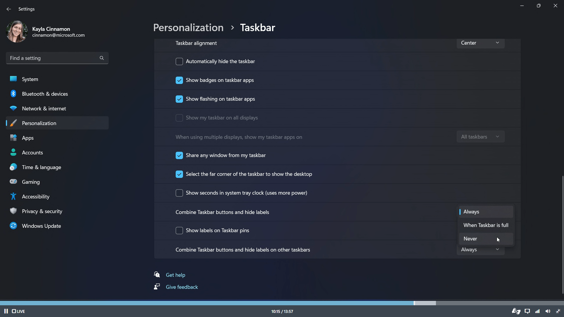 How to configure the 'Never' taskbar buttons' setting in