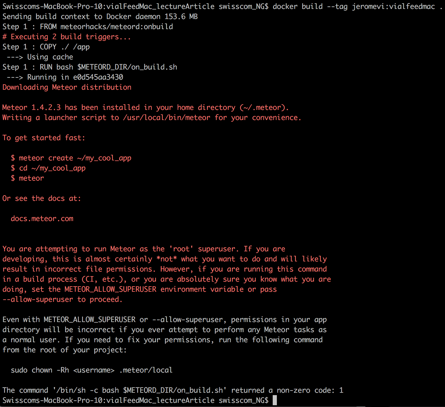 meteor '/bin/sh c bash METEORD_DIR/on_build.sh' returned a nonzero
