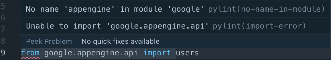 python VSCode Pylint Error No name appengine in module googlepylint(nonameinmodule