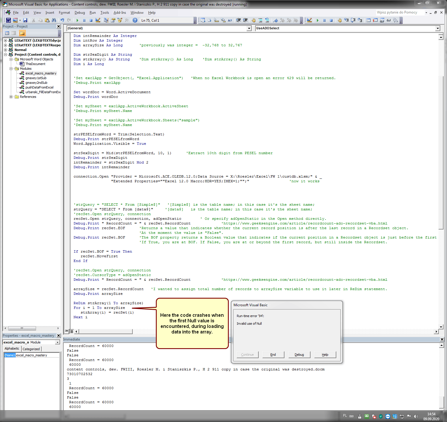 Encountering Null value while loading record set into the array in Word