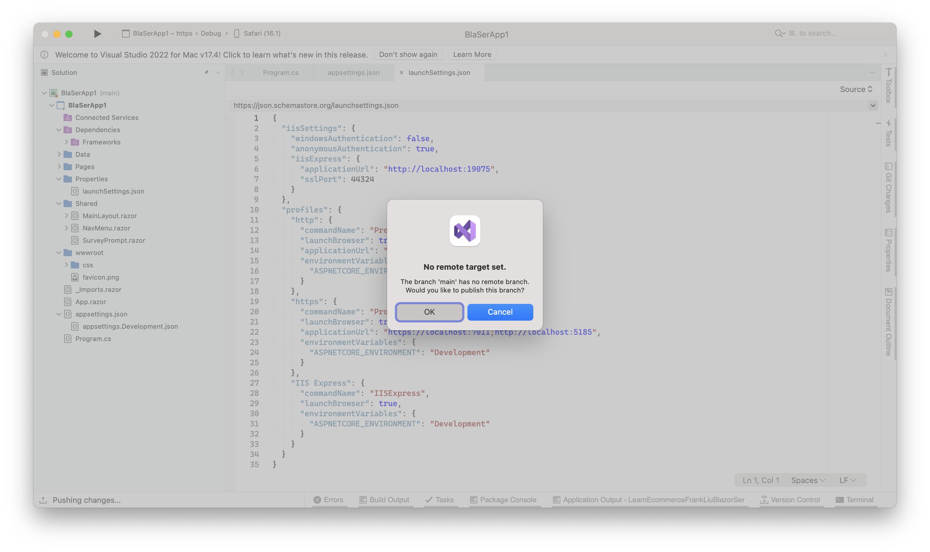 On mac visual studio 2022 how to publish to GitHub, add GitHub username