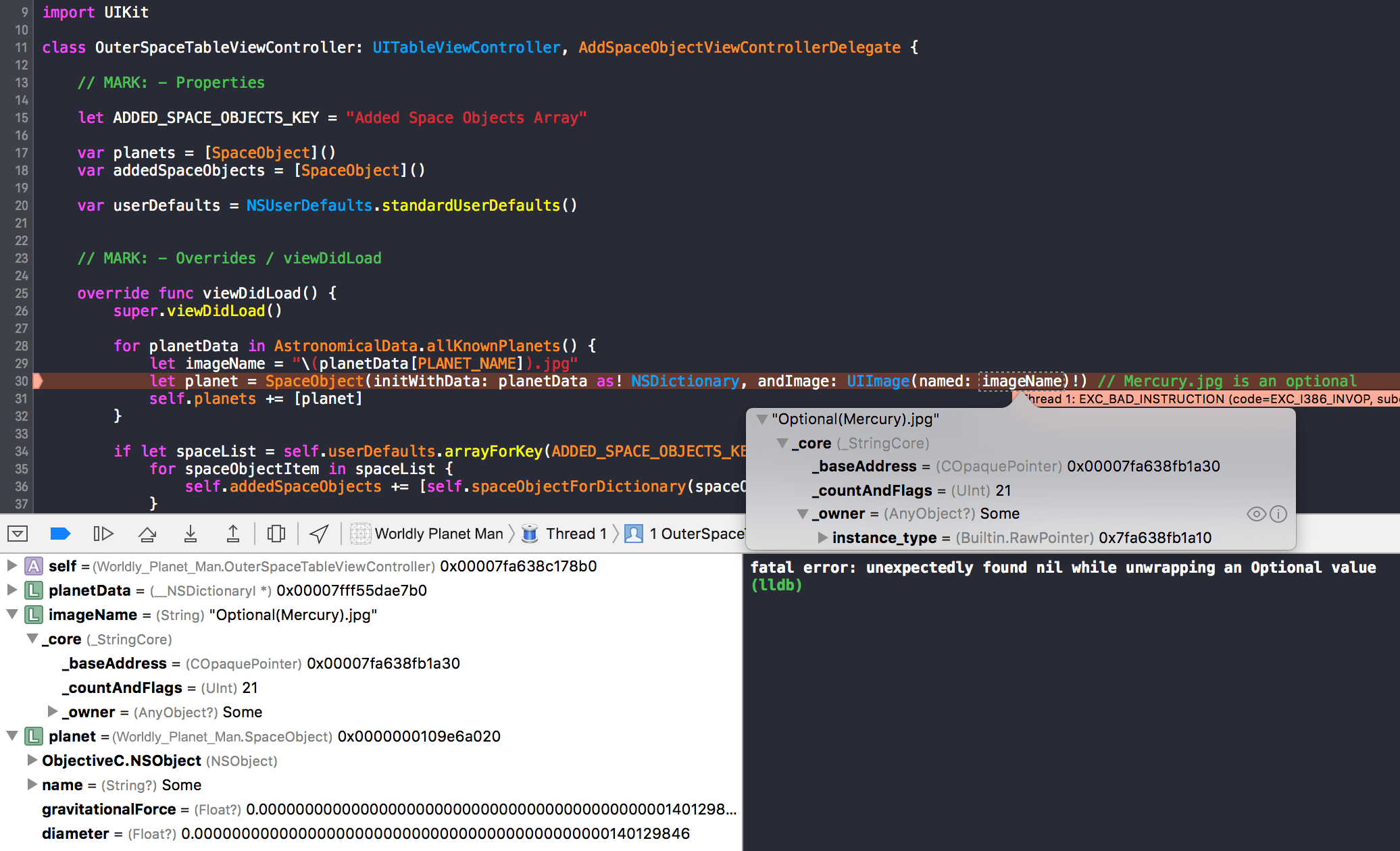 swift runtime lldb crash optional / unwrapping issue with data