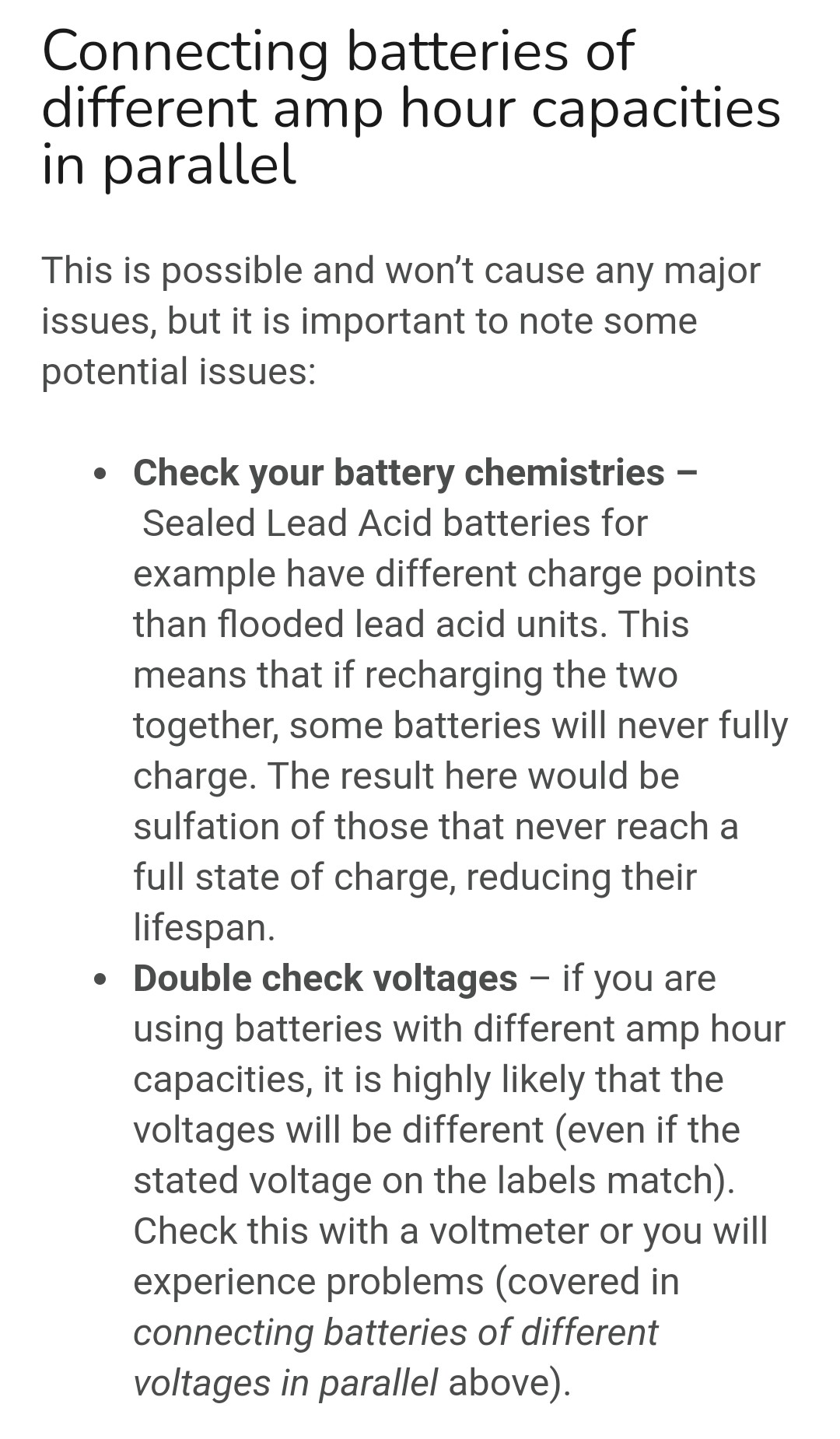 Connecting leadacid battery in parallel with leadcalcium battery