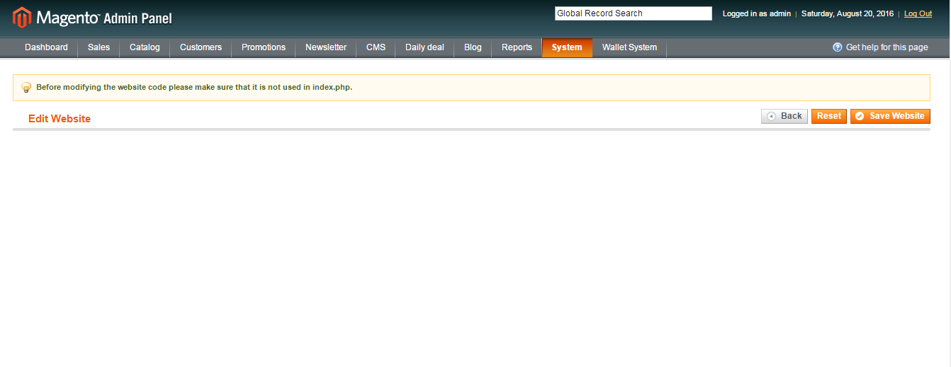 magento 1.9 editWebsite page in admin showing blank page Magento