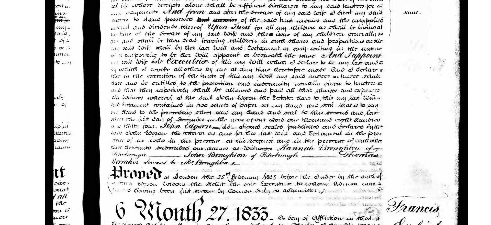 19th century Transcription of an 1835 will entry in Prerogative Court