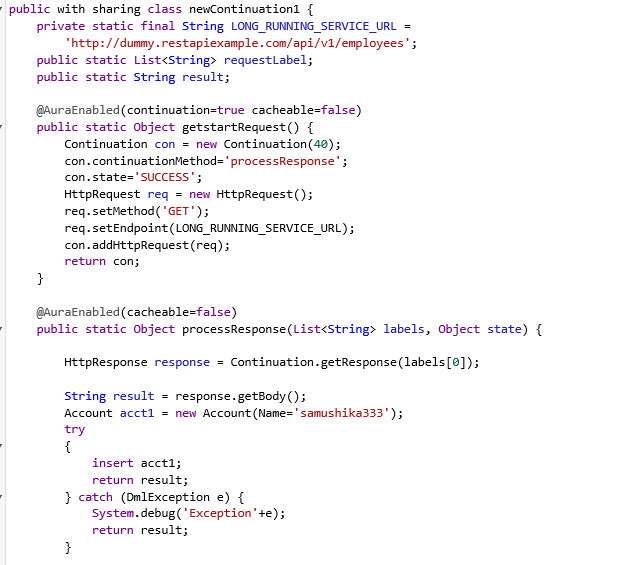 continuation DML operations in the Apex callback method Salesforce