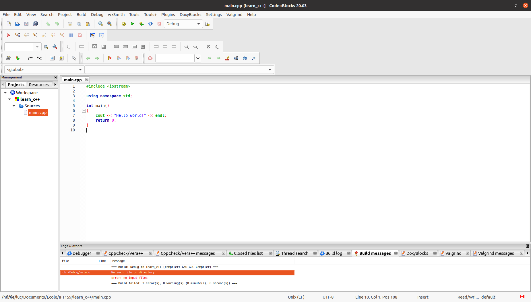 Can't build hello world in C++ with CodeBlocks (20.03), OS Linux