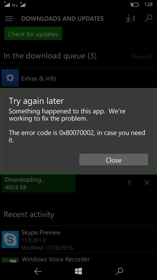 windows 10 mobile Unable to install extras & info.........Error codes