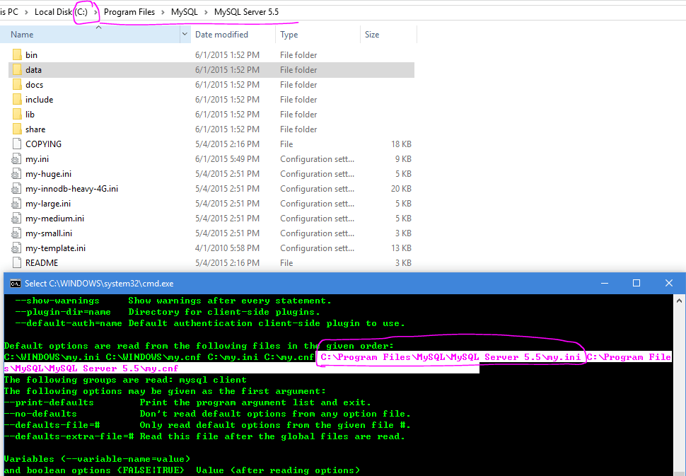 How to find the mysql data directory from command line in windows
