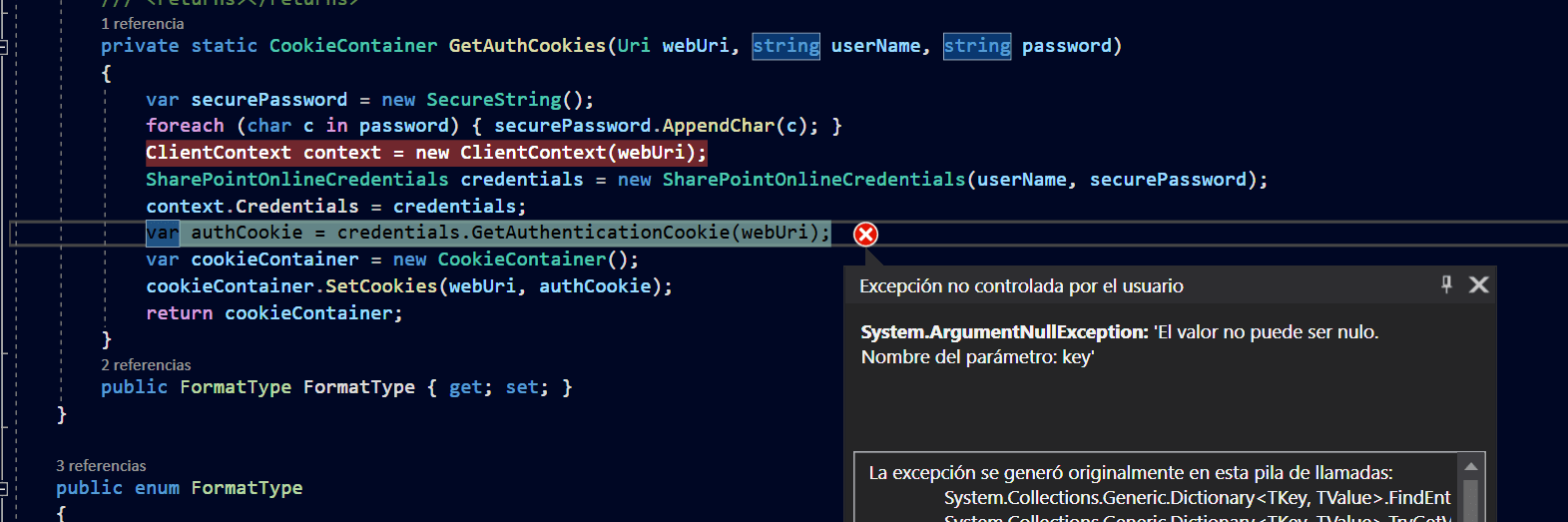 c SharePointSQL connection System.ArgumentNullException The value