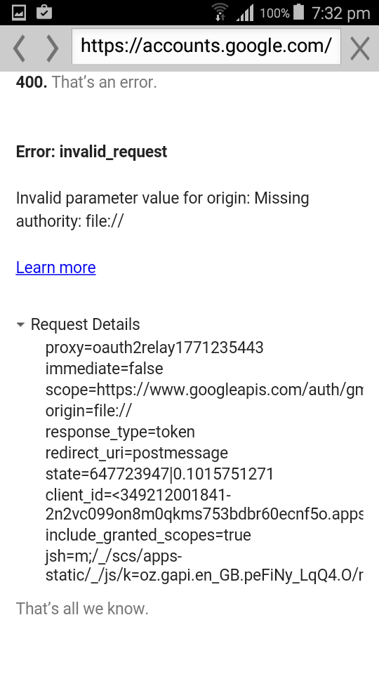 android how to resolve invalid parameters value for origin Stack