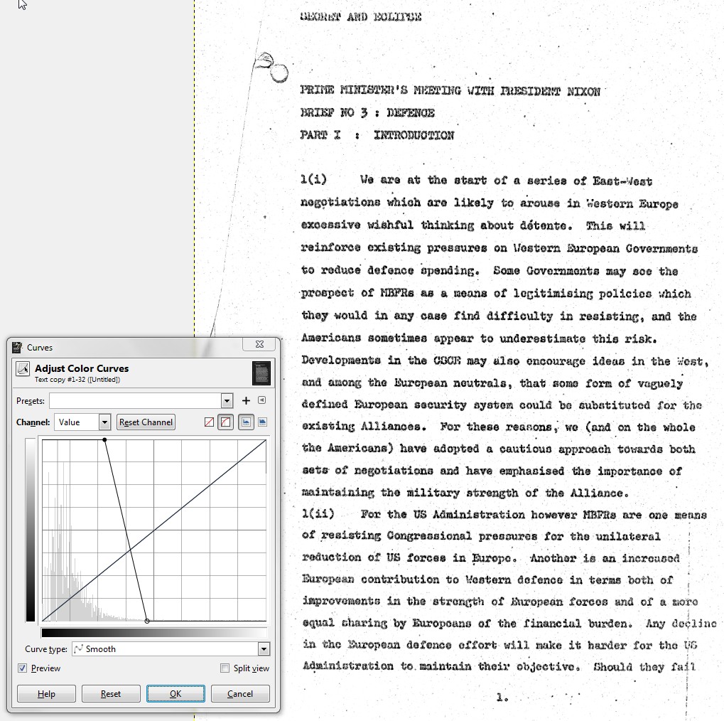gimp How do I convert images of a page of text to pure Black & White and sharpen the text