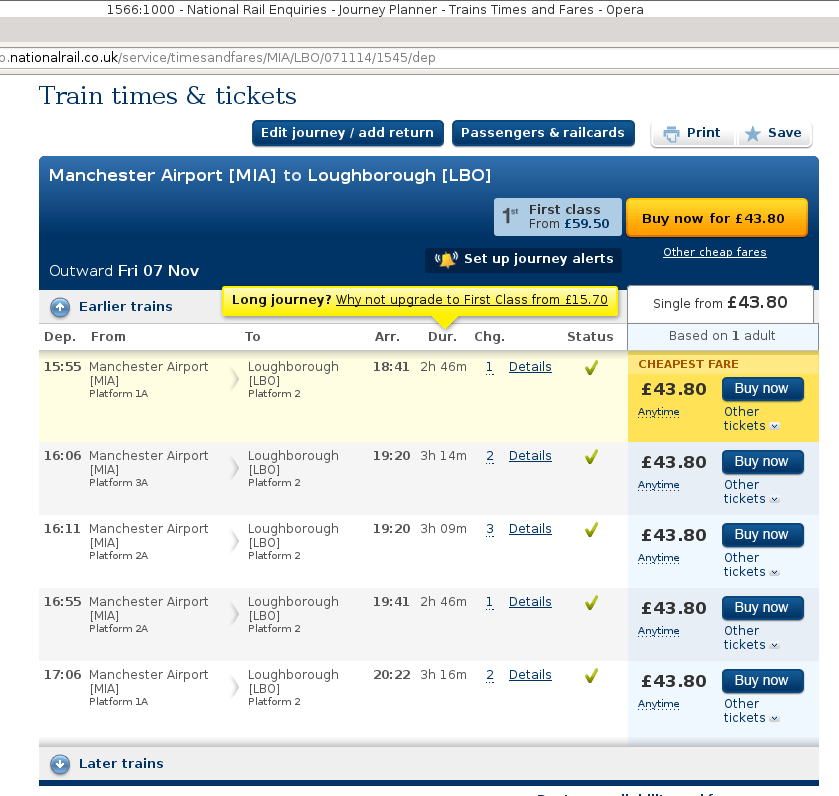 UK train, ticket price for a single journey is the same price as a