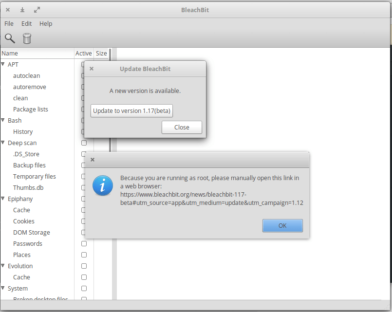 Bleachbit with Root Privilege not Working on LOKI 0.4.1 Need