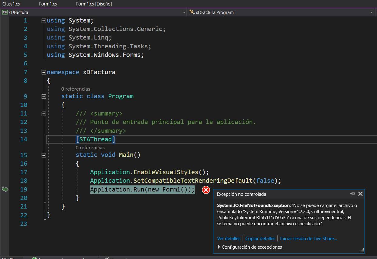 c System.IO.FileNotFoundException 'No se puede cargar el archivo o ensamblado 'System