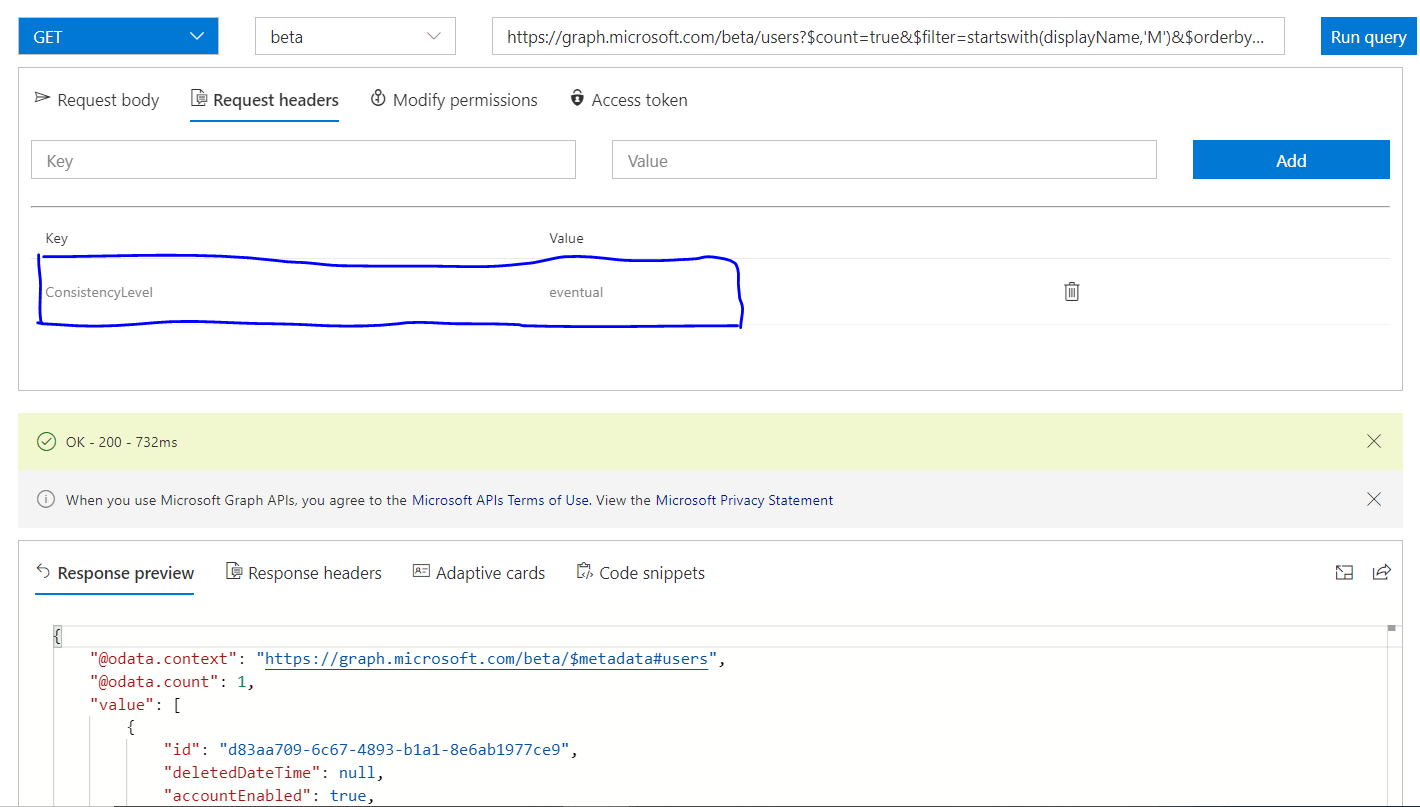 microsoft graph api orderby with filter doesn't seem to work as