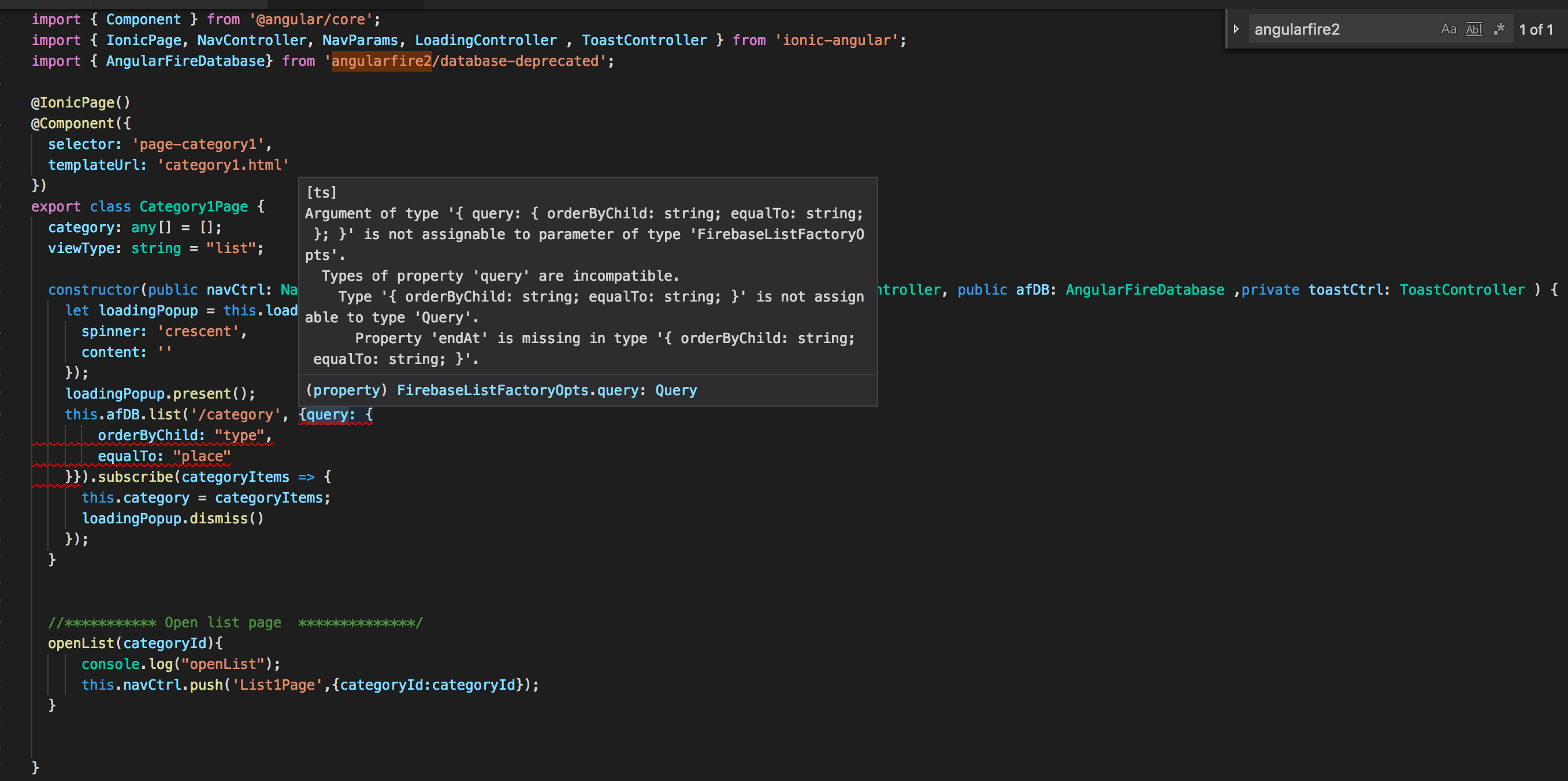 typescript Argument of type '{ query { orderByChild string; equalTo