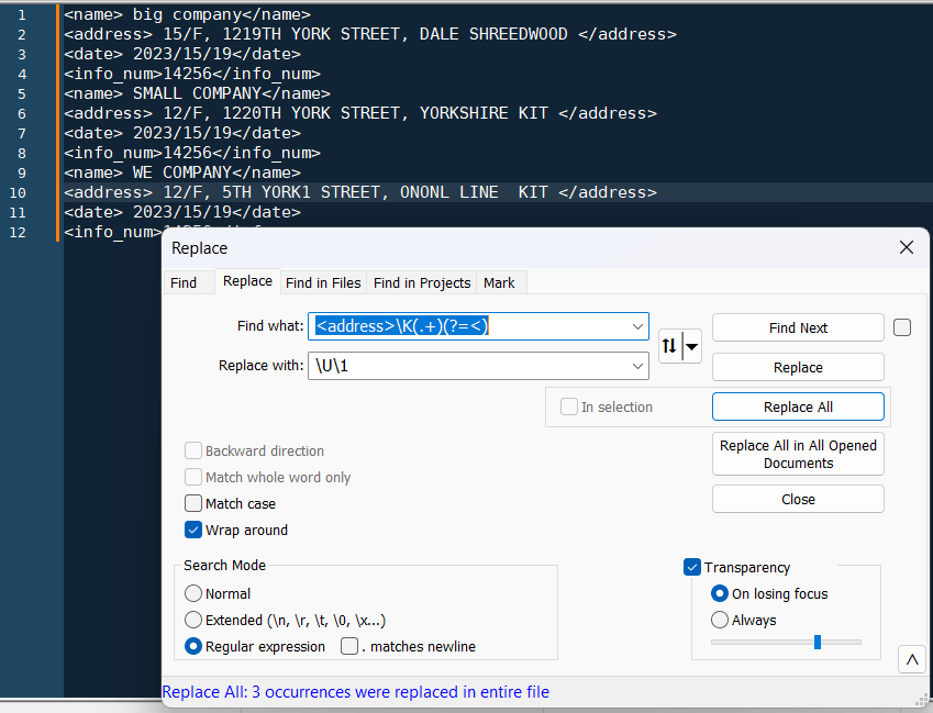 Notepad++ find tag and replace line to upper cases Super User