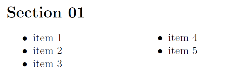 multicol Organizing a list of items into two columns TeX LaTeX