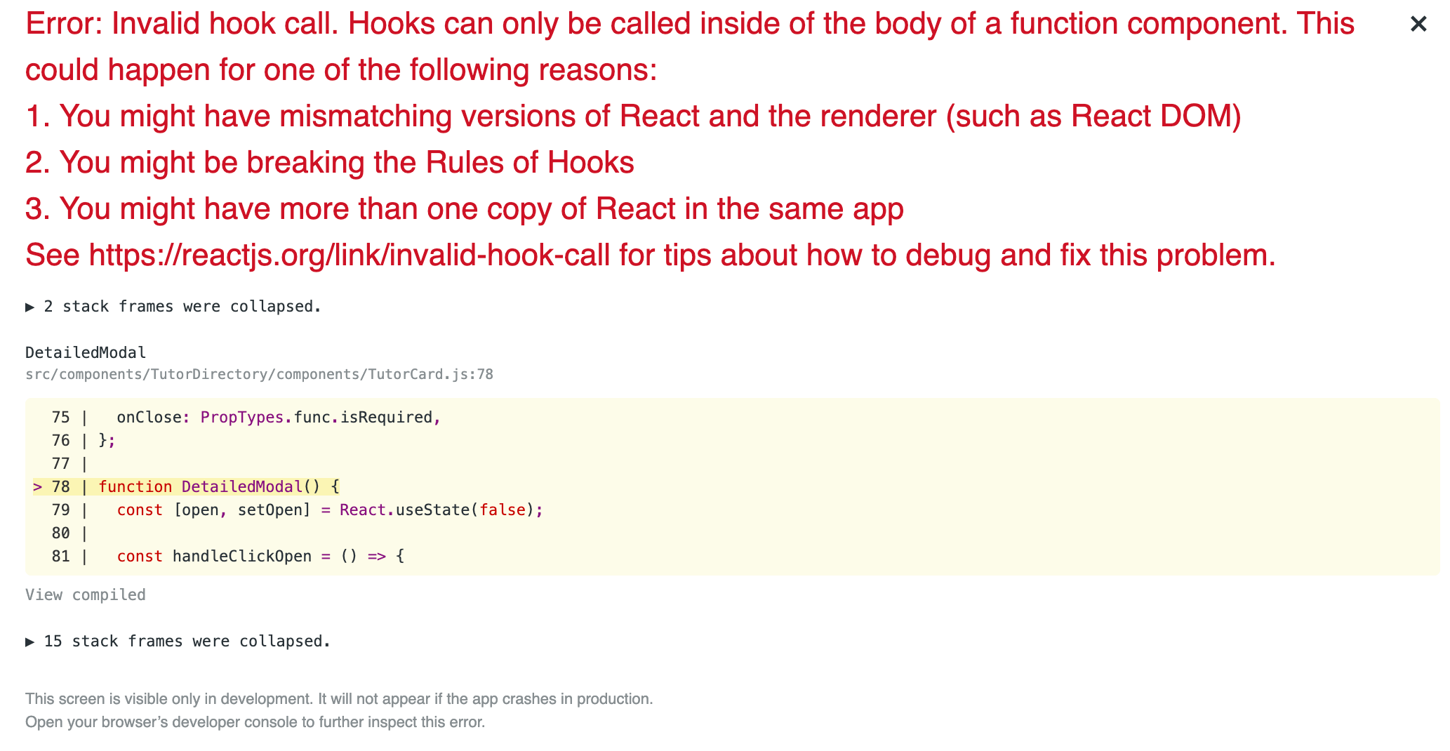 javascript Invalid Hook Call Error when using Material UI in ReactJS  App Stack Overflow