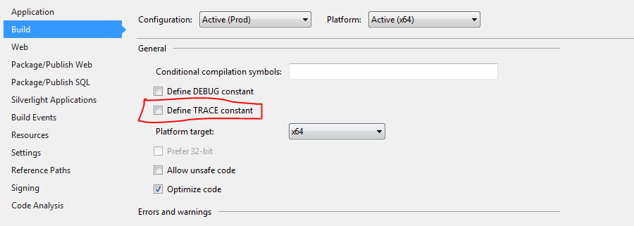 c When are System.Diagnostics.Trace calls included in a Visual