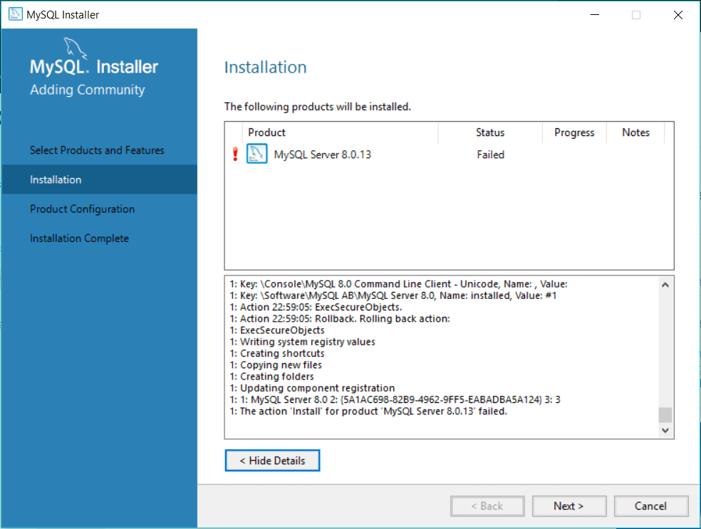 windows 10 MySQL Server installation failed Super User