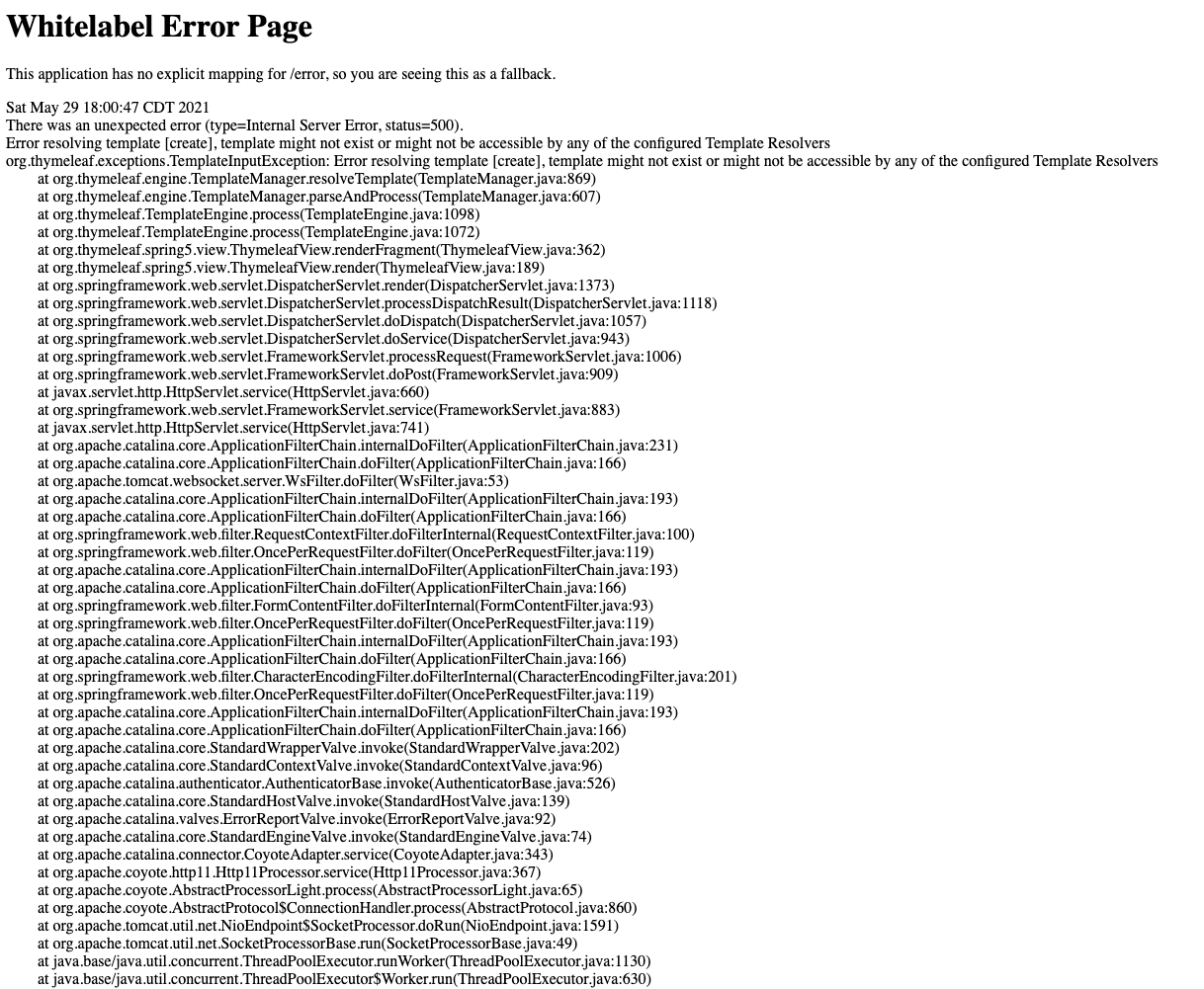 spring boot Error resolving template [create], template might not
