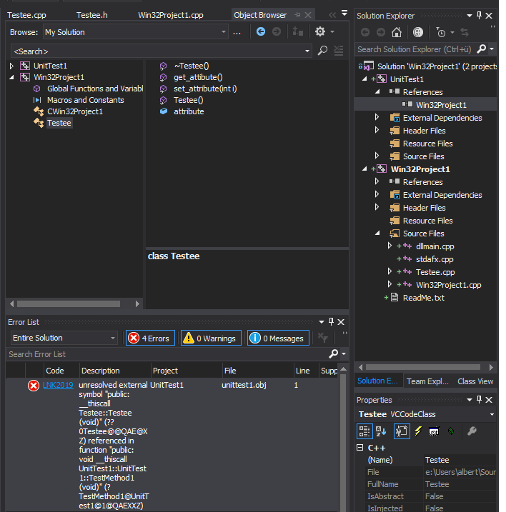 testing Visual Studio Unit Test Unresolved external symbol Stack