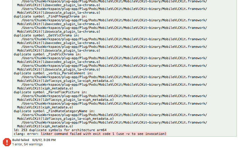 vlc duplicate symbols for architecture arm64 caused by separate pods