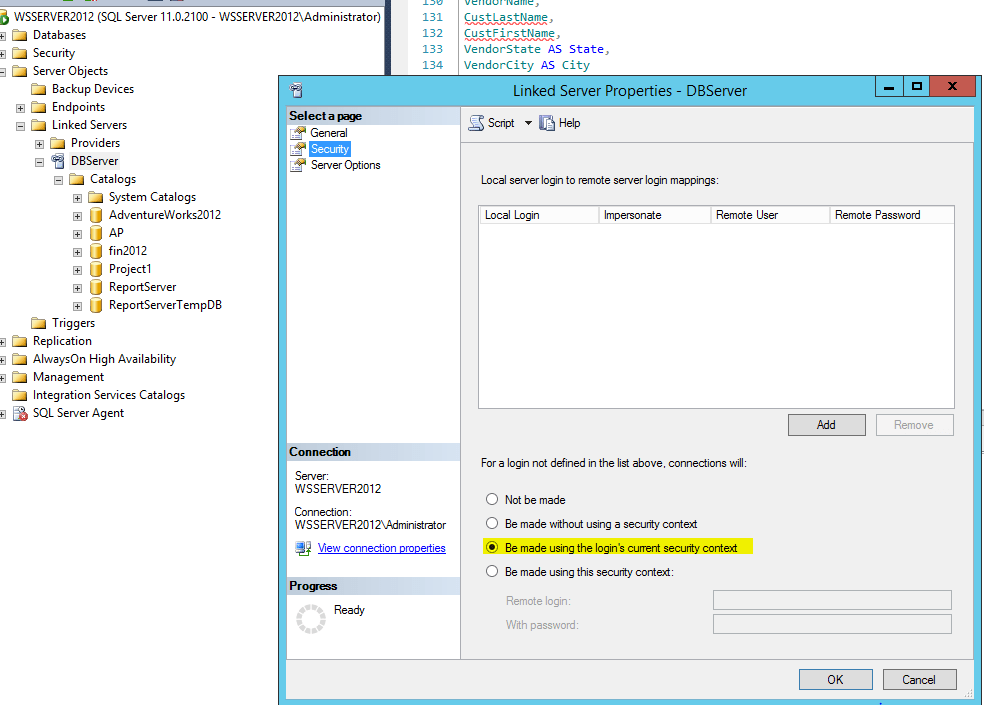 Msg 7399 Query table in linked server received Authentication failed