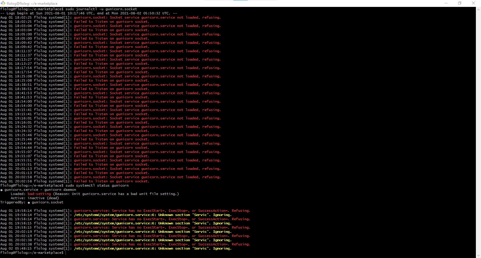 nginx systemctl status gunicorn error when deploying django project