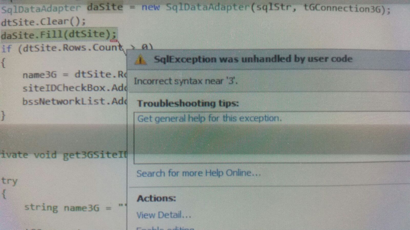 SqlException was unhandled by user code, incorrect syntax near '3