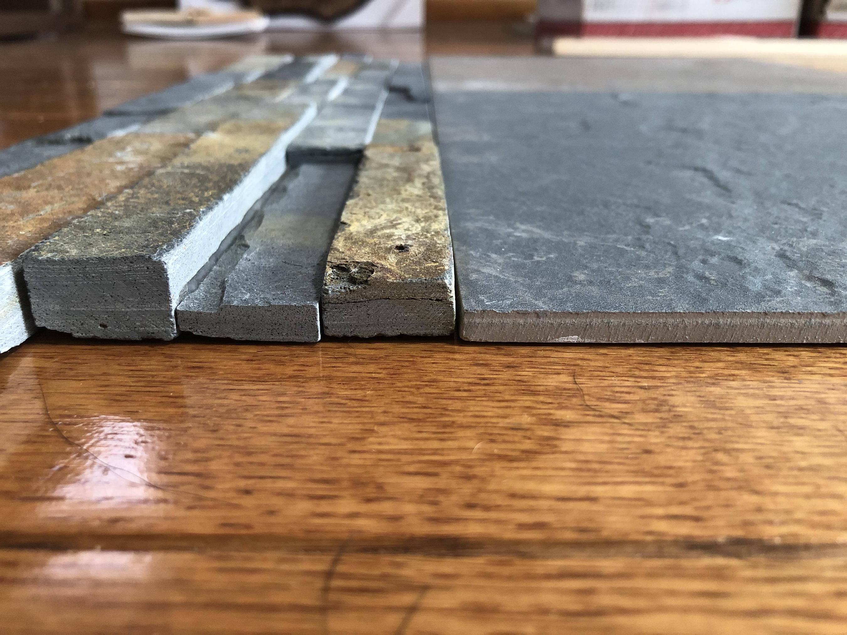 Shower Mixing slate stacked stone panel ledger and porcelain tile on