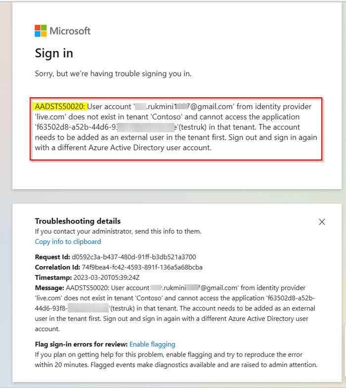 I receive the error AADSTS50020 when authenticating in an azure app