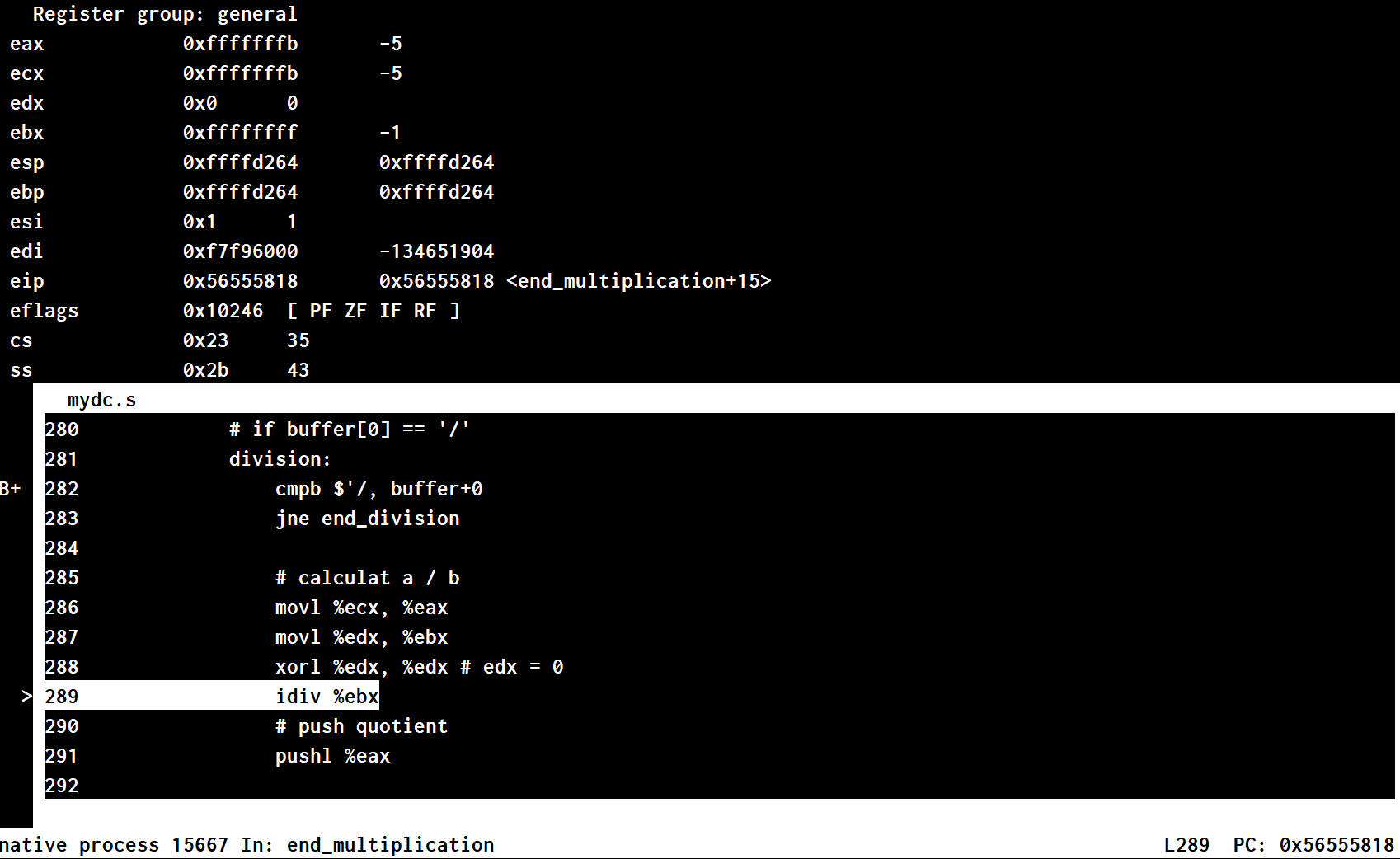 assembly Why IDIV with 1 causes floating point exception? Stack